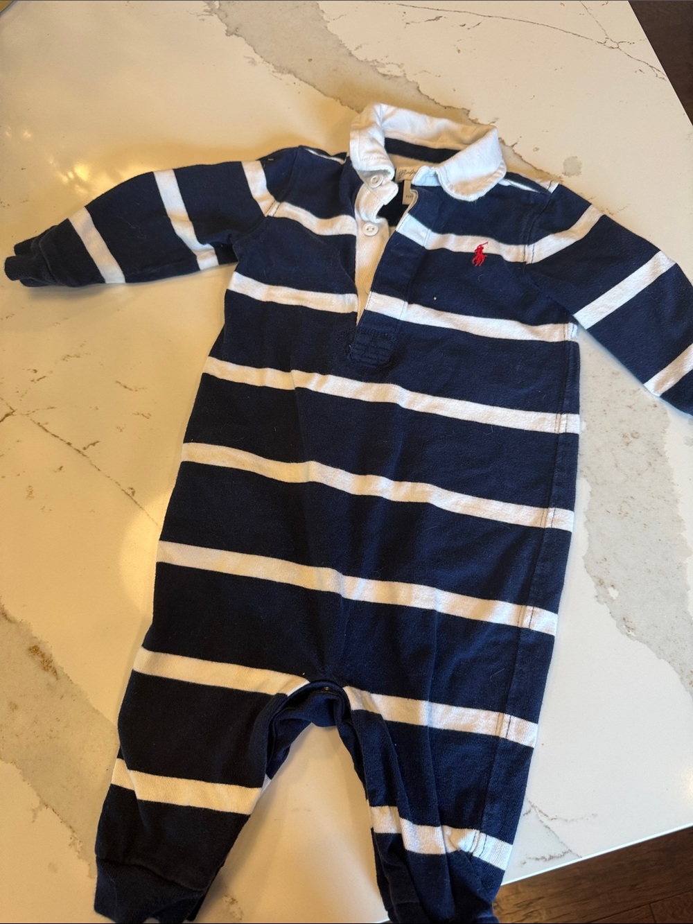 Polo by Ralph Lauren Navy & White Striped Footie with Red Pony